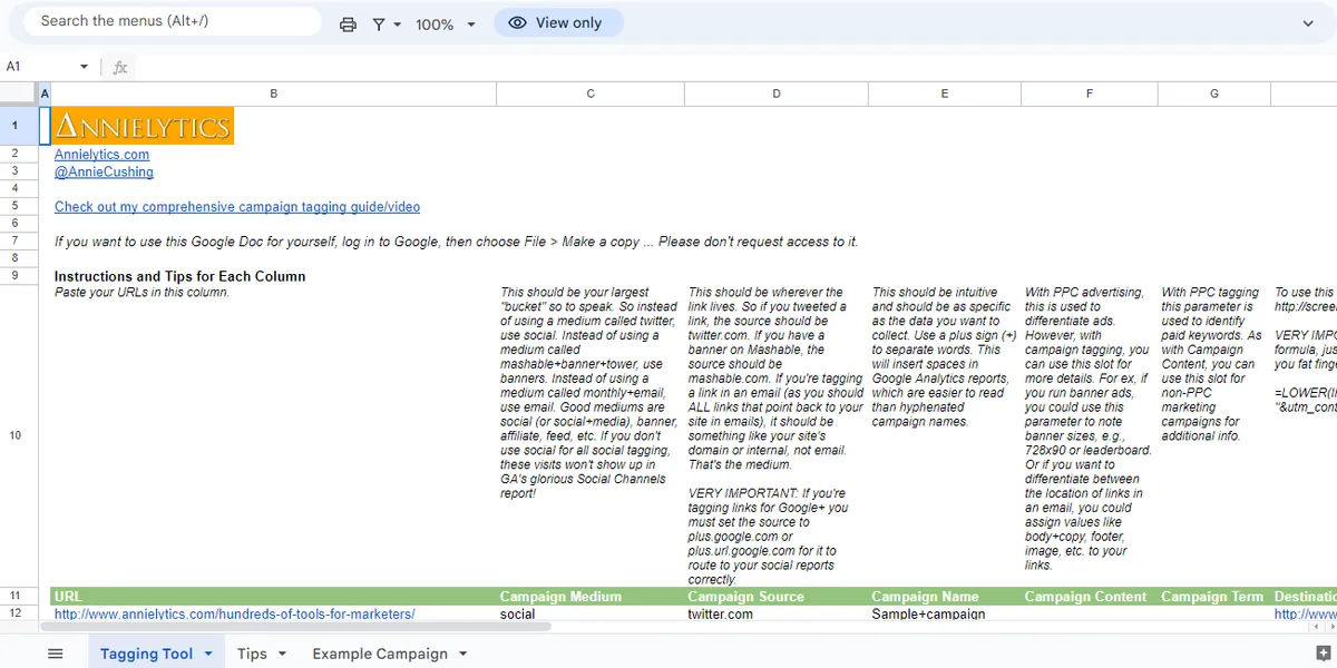 Annie Cushing's Google Analytics Campaign Tagging Tool spreadsheet